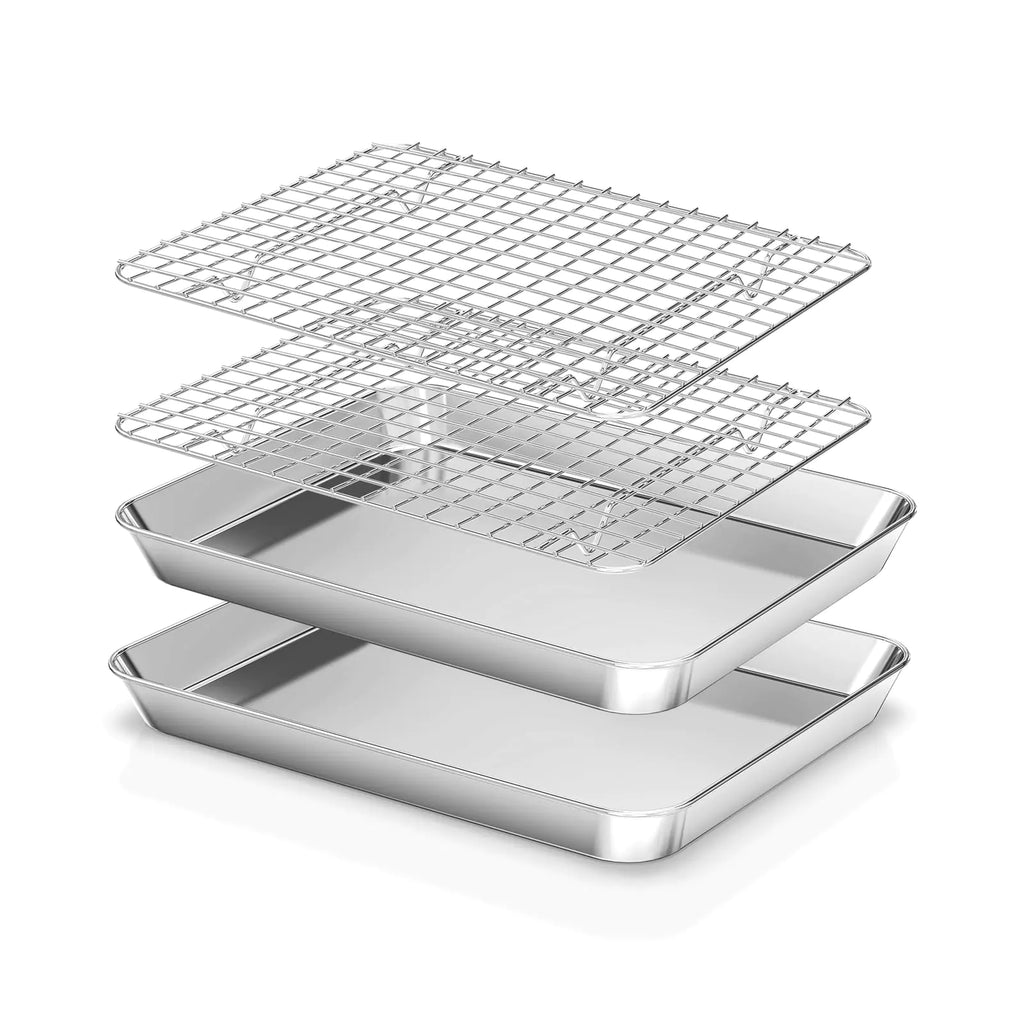 Baking Sheet & Cooling Rack Set [2 Cookie Sheets + 2 baking Racks] Fire More Stainless Steel Baking Sheet with Rack Nonstick Baking Pan Tray Heavy Duty & Easy Clean Size 10.43 x 8 x 1 Inch
