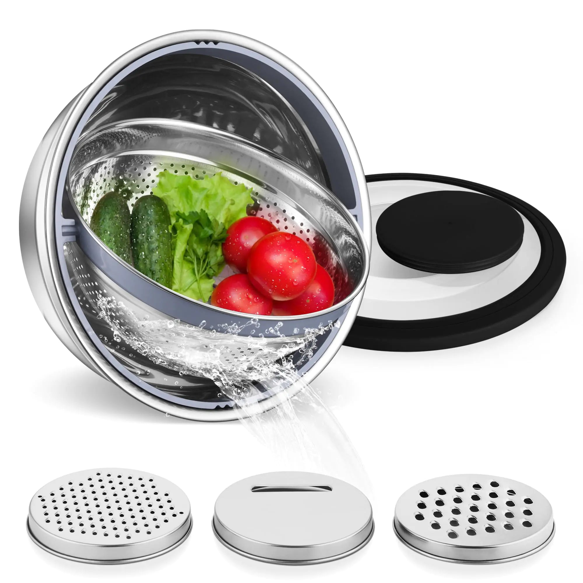 E-far Colander with Mixing Bowl Set 4-1 Stainless Steel Colander Strainers Bowl with Graters for Kitchen Rotatable Food Strainer Bowl for Rinsing Fruits Vegetables/Draining Pasta - Black