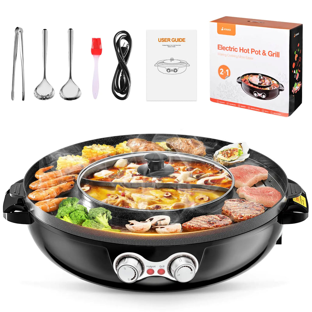 Electric Smokeless Grill and Hot Pot 2000W 2 in 1 Hot Pot with Grill Korean BBQ Grill Shabu-shabu Hotpot Removable Hotpot Pot Multifunctional Teppanyaki Grill Pot Nonstick Coating