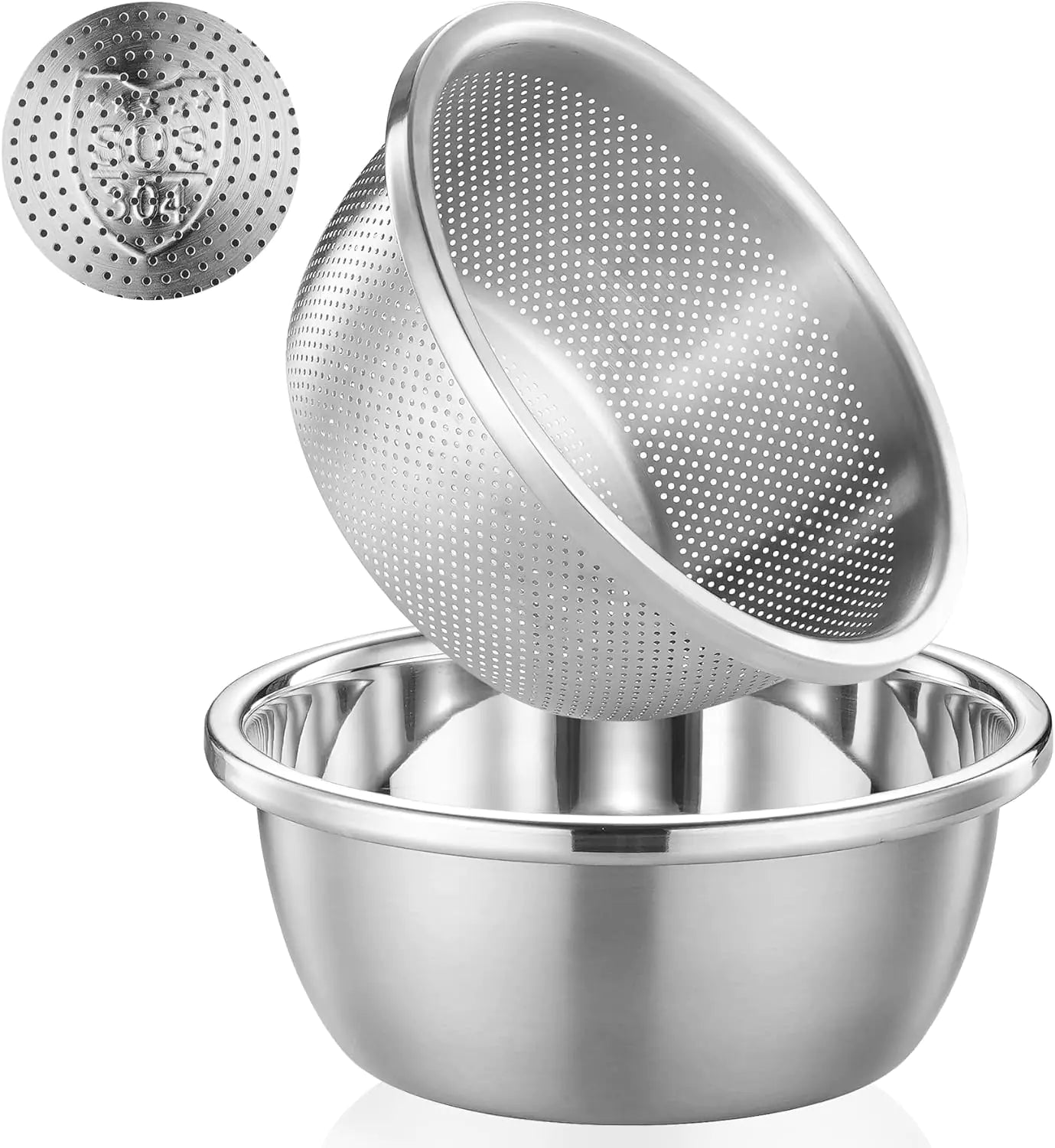 POPGRADE Stainless Steel Rice Washer Strainer Bowl Set Colander Strainer Bowl Set Rice Washing Bowl Colander Salad Mixing Bowl Strainers for Fruit Vegetable Washing 7.8 inch Pasta Drainer