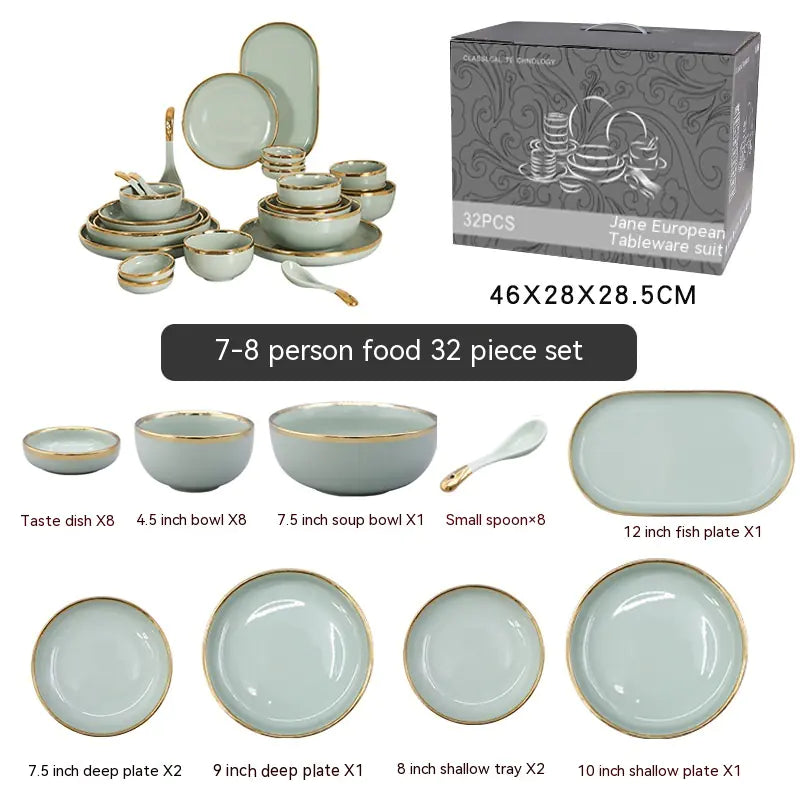 Ceramic Dishes with Golden Trim and Chopstick Cover