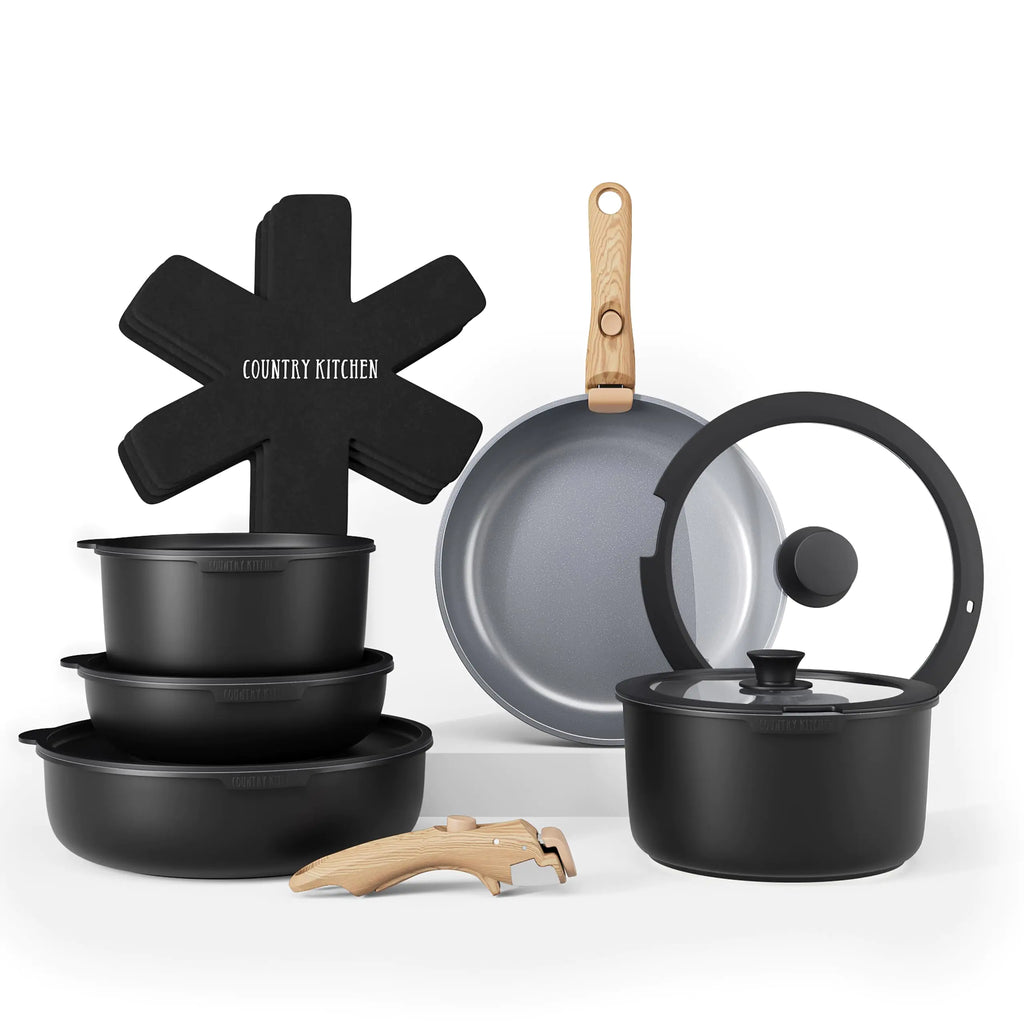 Country Kitchen Cookware Set with Removable Handle Oven & RV Safe Pots and Pans Set Black/Grey Wood Handle Original