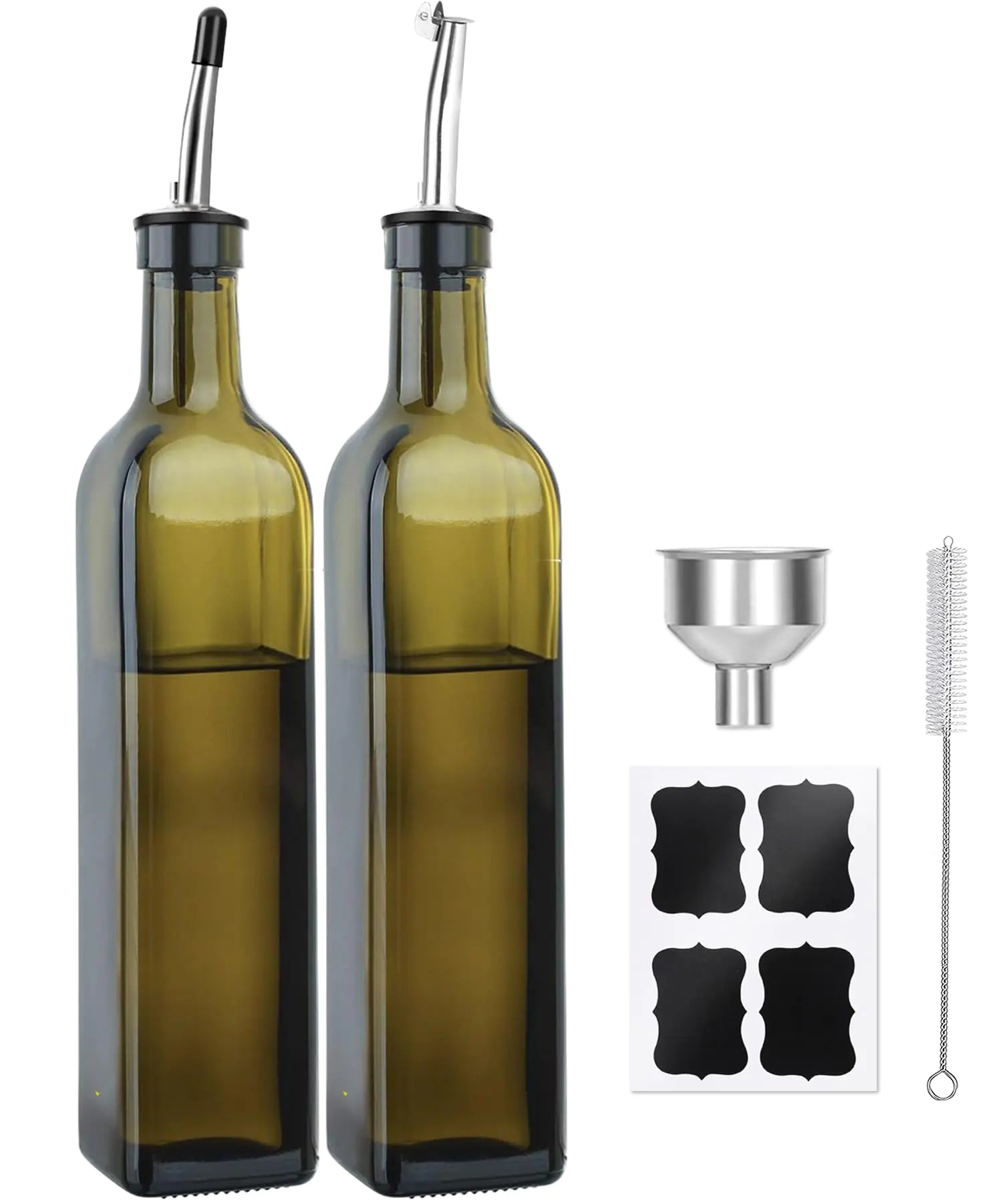 WEILAIDI Green Olive Oil Dispenser Bottle 2 Pcs Green Glass Oil Bottle for Kitchen Oil and Vinegar Dispenser Set with Pourers and Funnel -17oz Oil Dispenser Olive Oil Dispenser