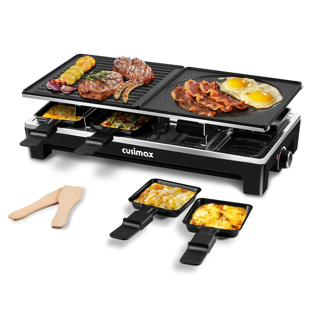 CUSIMAX Raclette Grill Electric Grill Reversible 2 in 1 Non-stick Grill & Griddle Plates Portable Korean Grill with 8 Paddles & Shovels Black New Model