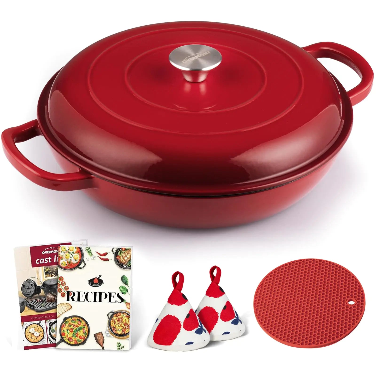 Overmont Enameled Cast Iron Dutch Oven - 3.8 Quart Dutch Oven Pot with Lid - Shallow Cookware Braising Pan - Cast iron Casserole with Cookbook & Heat-resistant Caps - Oven Safe up to 500° F