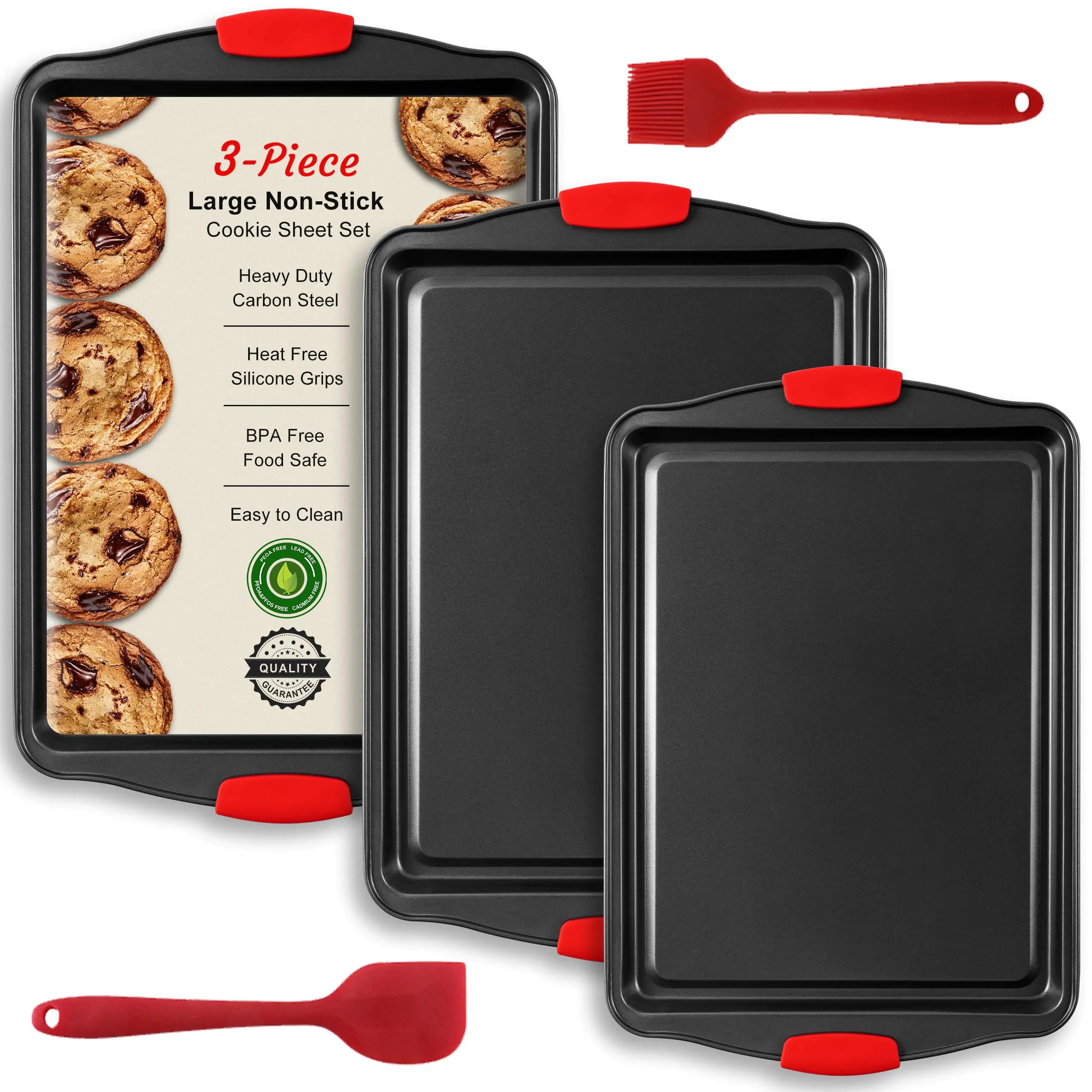Baking Sheet Set 3-Piece Cookie Sheet Set with Silicone Handles Steel Baking Pans Set Durable Baking Sheets for Oven BPA Free Cookie Sheets for Baking Nonstick Set Sheet Pan - Black Baking Tray