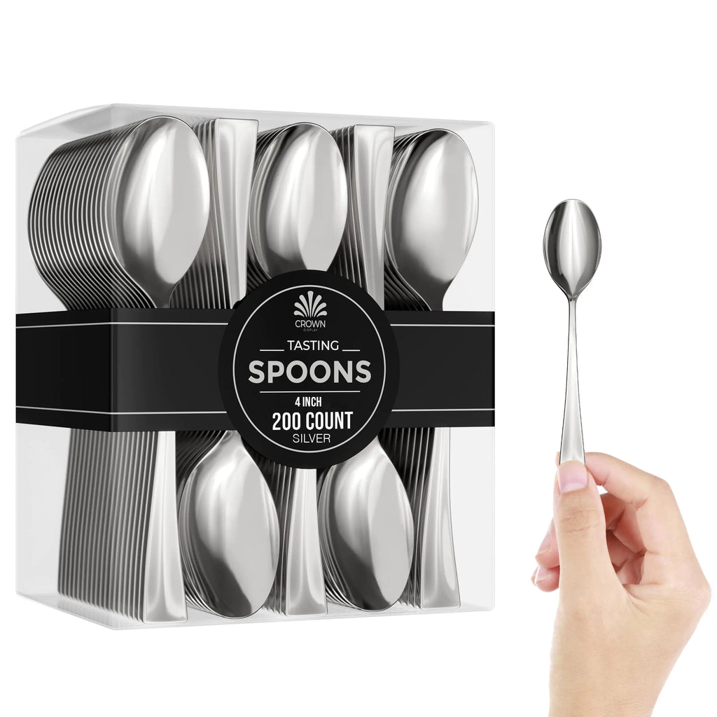 Mini Spoons For Desserts - Bulk Pack Of 200 Mini Silver Dessert Spoons – Disposable 4 Inch Plastic Appetizer Spoons - Real Flatware Look- Miniature Silver Spoons Disposable - Bpa Free - Food Safe