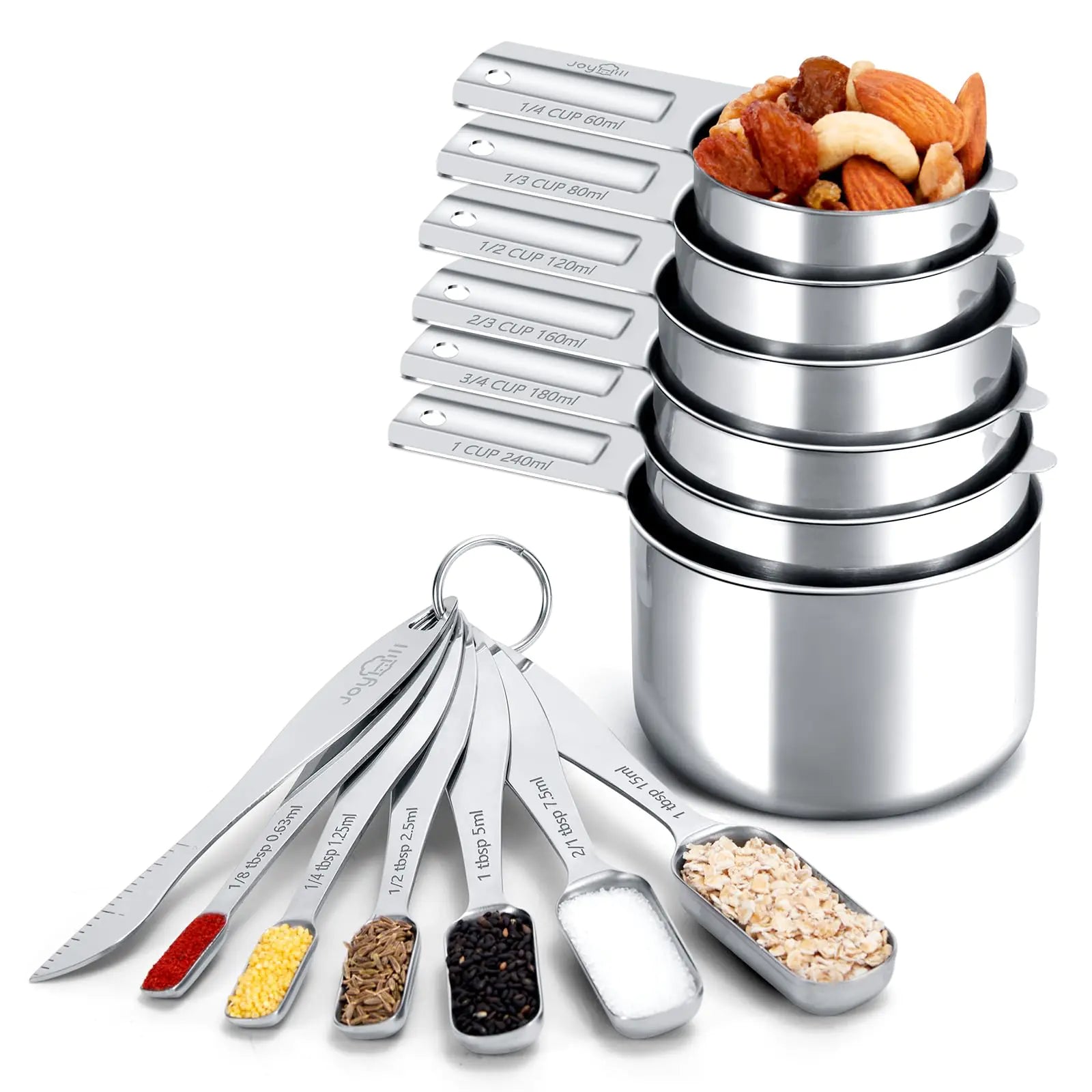 Joyhill Measuring Cups and Spoons Set of 13 Piece Metal Stainless Steel Measuring Cups and Spoons Set for Baking Cooking Dry and Liquid Ingredients