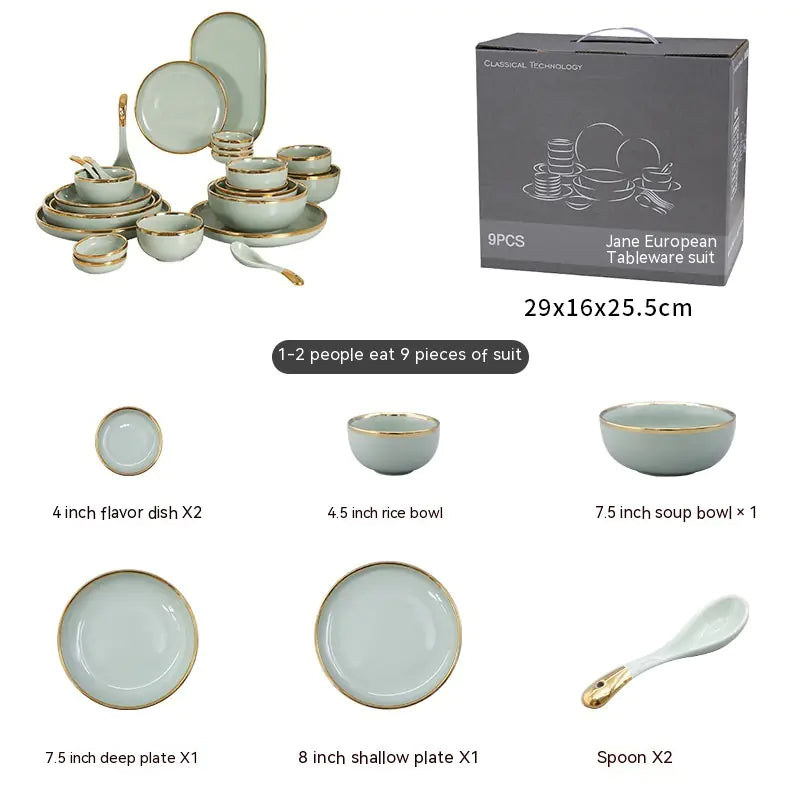 Ceramic Dishes with Golden Trim and Chopstick Cover