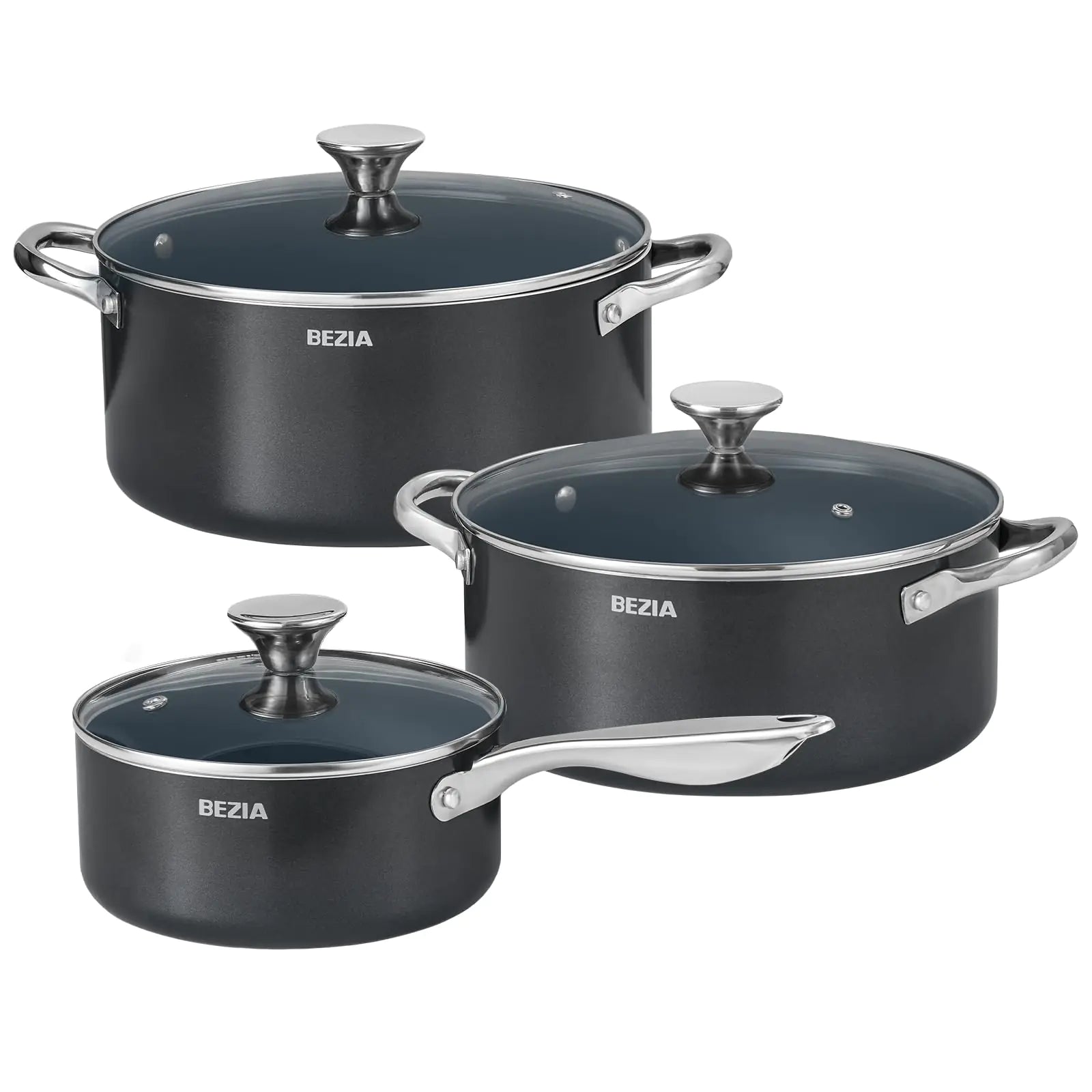 Induction Cookware Set 6-Piece Stackable Kitchen Cooking Pots Set 6qt 4.8qt & 2qt Pots with Lids Dishwasher Safe & Oven Safe Compatible with All Stoves Black