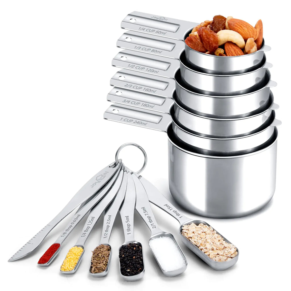 Joyhill Measuring Cups and Spoons Set of 13 Piece Metal Stainless Steel Measuring Cups and Spoons Set for Baking Cooking Dry and Liquid Ingredients