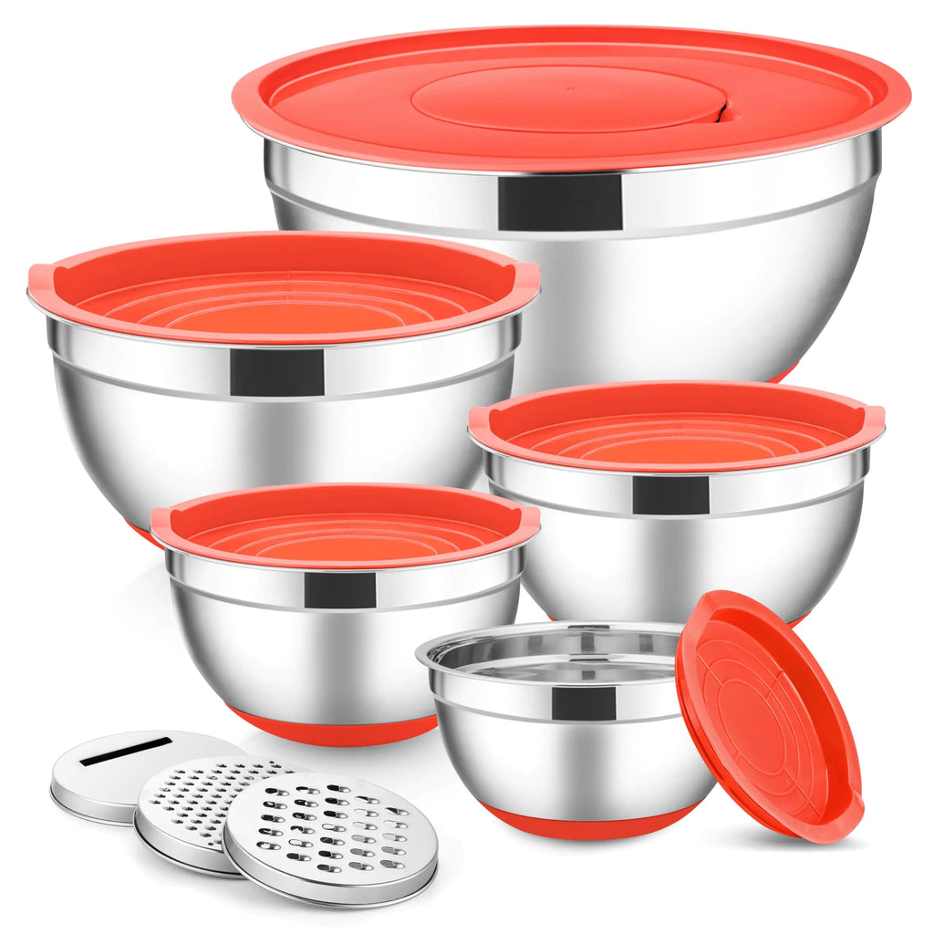 E-far Stainless Steel Mixing Bowls with Lids Set 5-Piece Nesting Salad Bowls with 3 Grater Attachments and Non-Slip Bottoms Size 4.6 2.6 2 1.5 1QT for Kitchen (Red)