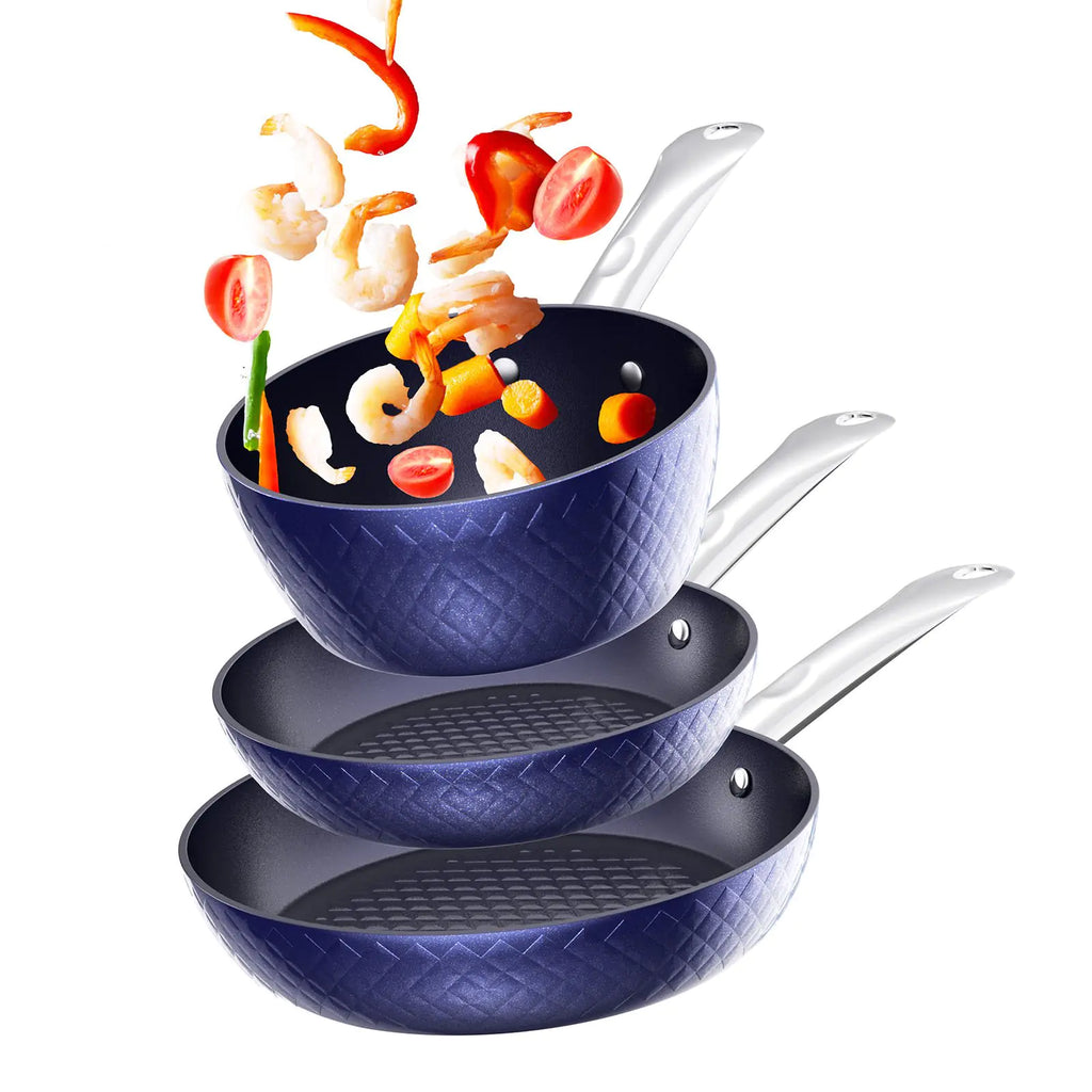 3-Piece Non-Stick Blue 3D Diamond Frying Pan Set