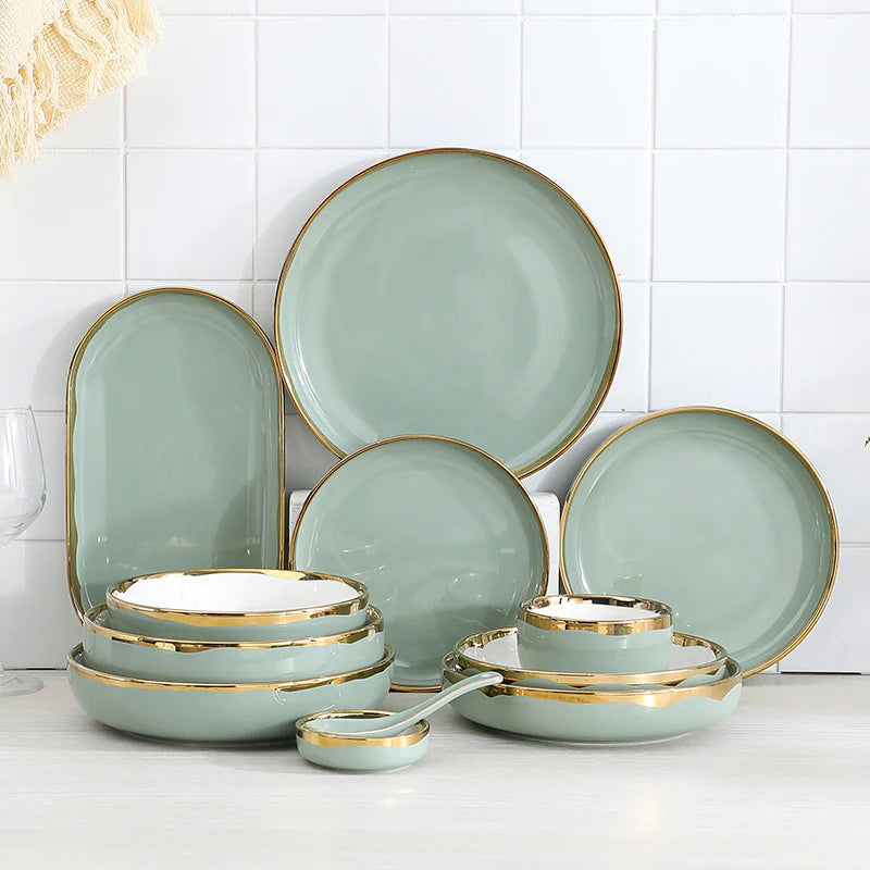 Ceramic Dishes with Golden Trim and Chopstick Cover
